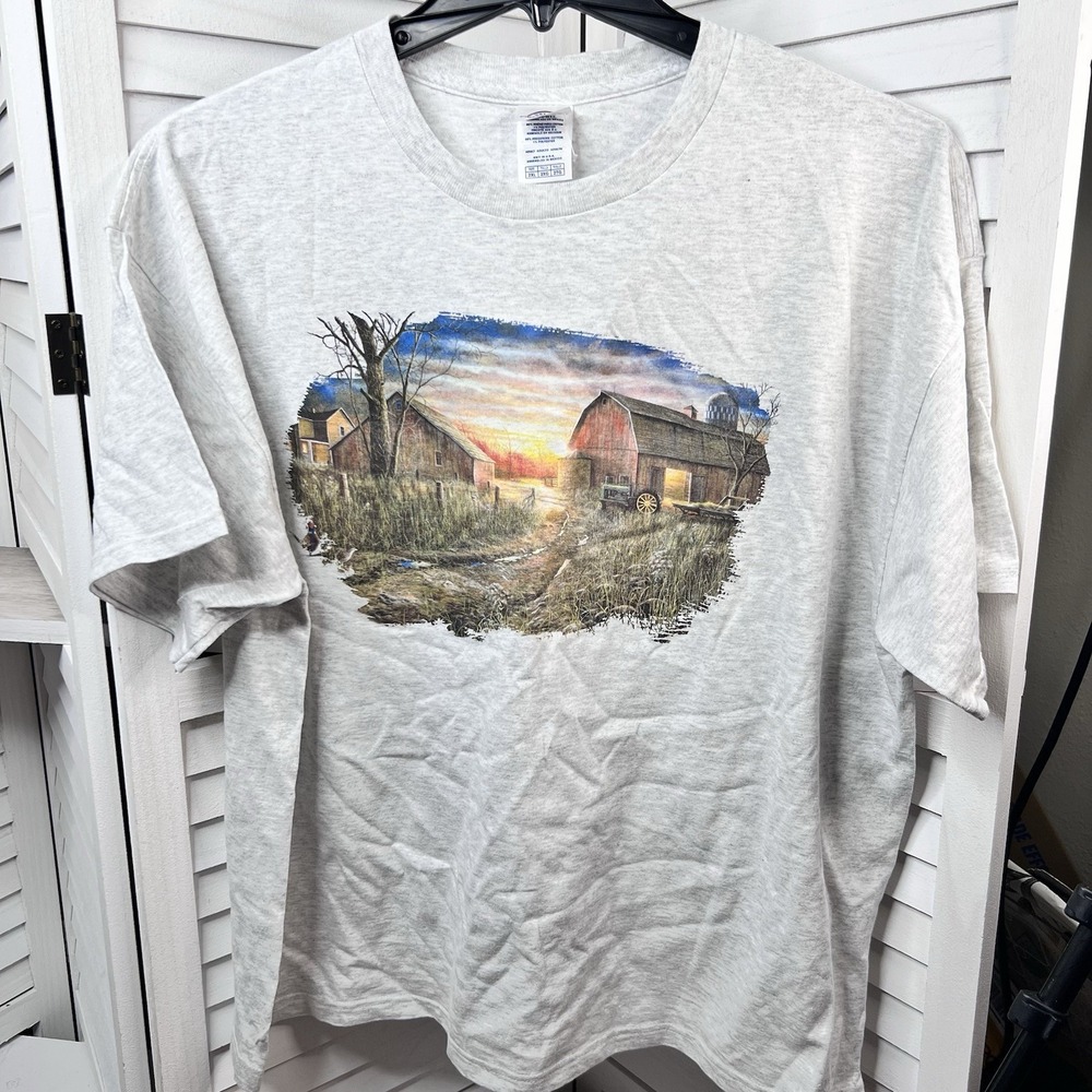 Vintage‎ Farm Barn Sunset Gray Graphic Tee 2XL Delta Pro Weight USA Cotton EUC